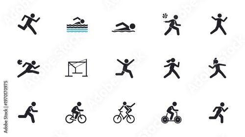 Sports icons, athletic symbols, fitness signs, 16 black pictograms