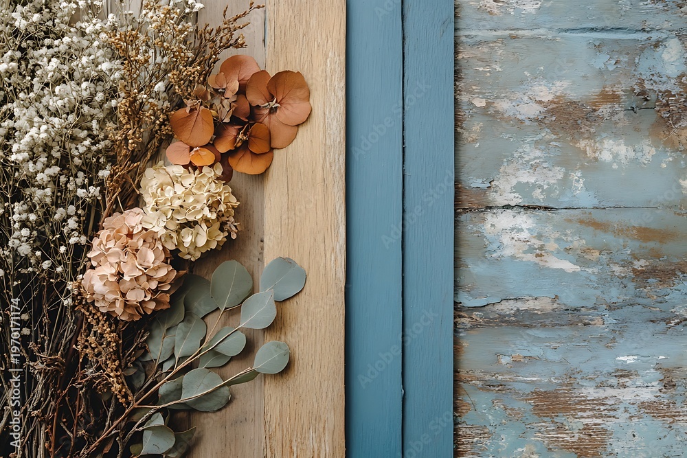 Fototapeta premium A bouquet of dried flowers rests against a wooden plank with a blue painted frame on a rustic weathered background
