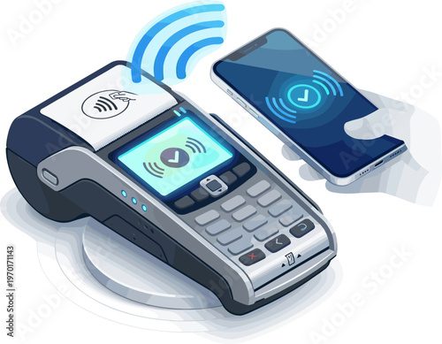 Illustration of a contactless payment. A mobile phone held near a card reader shows a success checkmark, indicating a completed transaction.