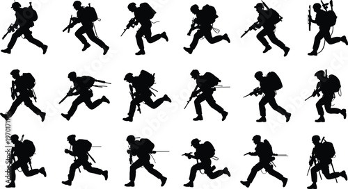 Military soldiers running silhouettes collection isolated on white background showing combat movement tactical action armed forces and warfare operations