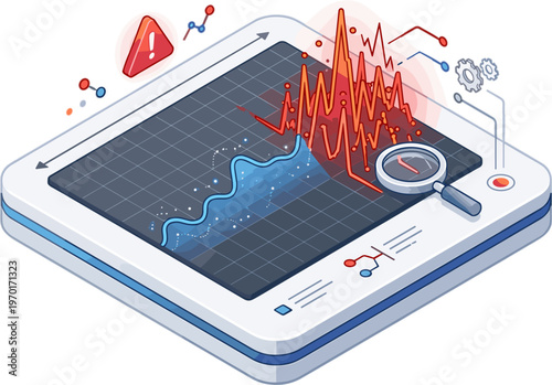 Isometric view of a futuristic tablet screen showing complex data visualization with red and blue fluctuating graphs, an alert icon, and a magnifying glass.