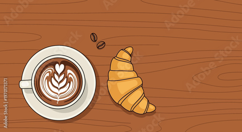 Coffee Latte with Leaf Latte Art and Croissant Vector Illustration on Wooden Table, Modern Flat Minimal Style