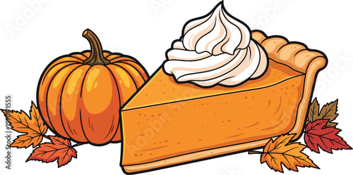 Pumpkin Pie Slice with Whipped Cream and Autumn Leaves Seasonal Thanksgiving Dessert Illustration for Fall Food Decoration and Festive Design