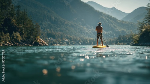 Wallpaper Mural man paddleboarding mountain lake with blured nature background Torontodigital.ca