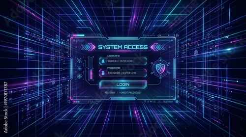 Futuristic digital login interface in a neon cyber grid environment