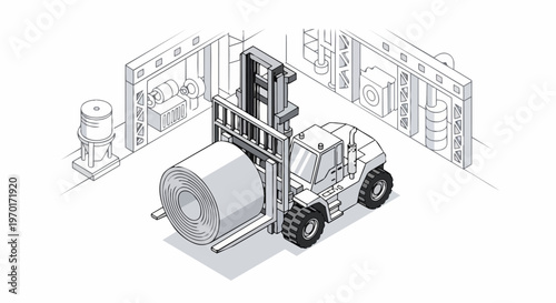 Isometric Line Art Illustration of a Heavy-Duty Industrial Forklift Carrying a Large Roll in a Warehouse Factory Setting