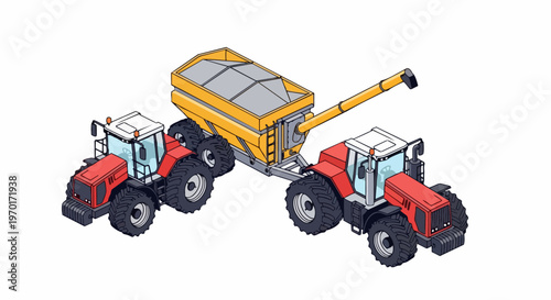 Isometric Red Tractors with Yellow Grain Cart and Auger Illustration on White Background