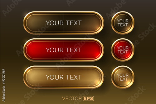 Premium glossy metallic buttons and badges with golden frames.
