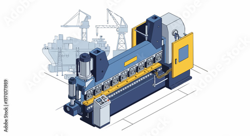 Isometric Industrial Metal Folding Press Brake Machine in Shipbuilding Port Environment