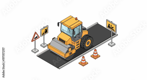 Isometric Yellow Road Roller Compactor on Asphalt Road with Construction Signs and Cones, Vector Illustration Isolated on White