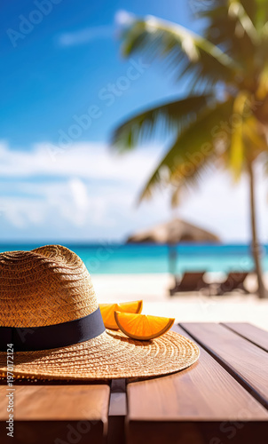 A straw fedora rests on a wooden table beside fresh orange slices. In the background, a tropical paradise unfolds with white sand, a turquoise ocean, and palm trees, evoking a perfect summer day
