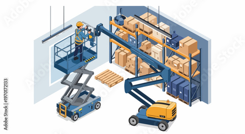 Industrial Warehouse Logistics with Scissor Lift, Telescopic Boom Lift, and Storage Racks Isometric Illustration