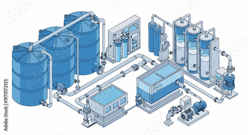 Industrial Water Treatment and Purification System Isometric Illustration; Storage Tanks, Filtration Units, and Pipeline Infrastructure for Clean Water Technology