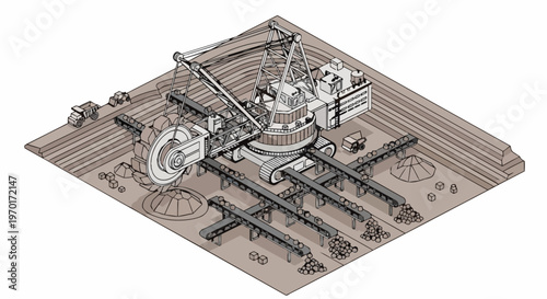Isometric Illustration of a Giant Bucket-Wheel Excavator in an Open-Pit Mine with Conveyor Belts and Dump Trucks for Industrial Resource Extraction