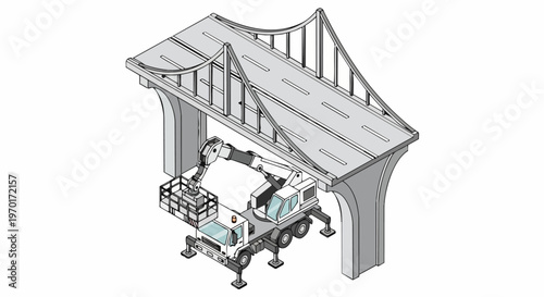 Isometric Illustration of a Bridge Maintenance Truck with Aerial Lift Platform Underneath a Concrete Infrastructure Bridge