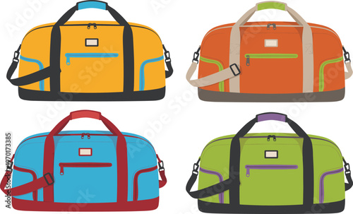 Set of colorful sports duffel bags and travel luggage icons including yellow orange blue and green gym carryall vector illustrations