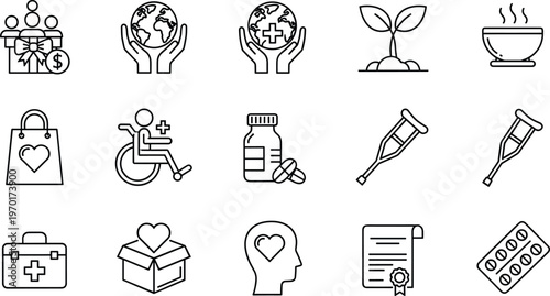 Charity healthcare donation support line icons set medical aid help community care social service vector collection designv