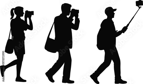 Photographer silhouettes collection, people taking photos and selfie vector illustration isolated black creative lifestyle design