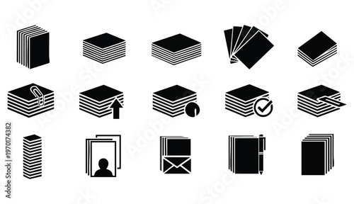 Multiple black isometric icons of stacked cards and documents, some featuring symbols like a paperclip, arrow, checkmark, person, envelope, and pen, in a minimalist graphic style