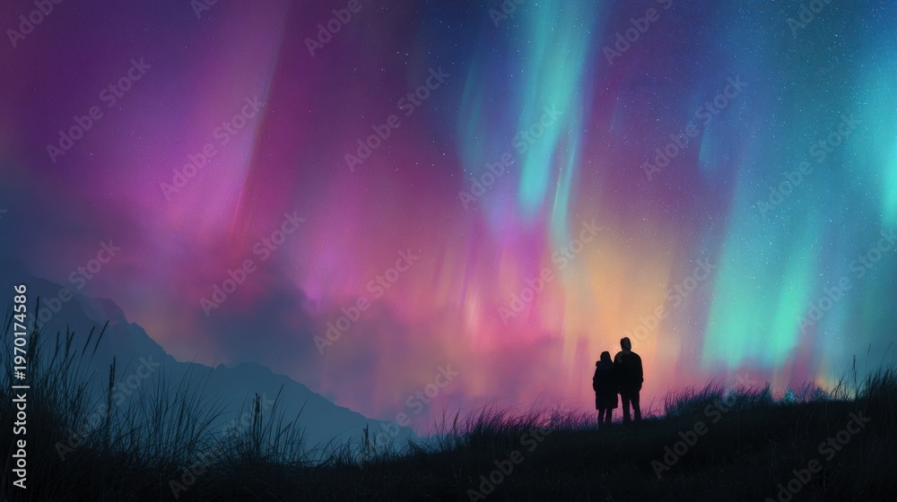 Fototapeta premium couple watching northern lights with blured nature background