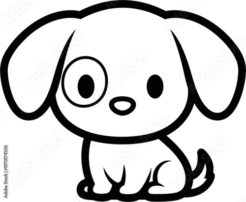 Cute cartoon puppy with floppy ears and a patch over one eye, simple line art