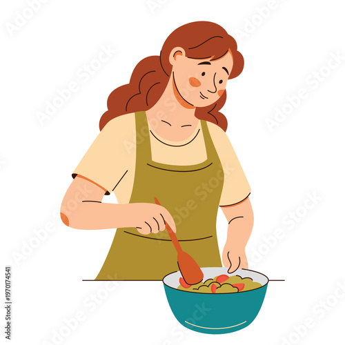 Cooking healthy salad in bowl. Woman preparing vegetarian dish, mixing fresh vegetables, vitamin