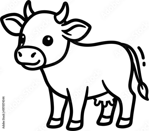 Cute cartoon cow illustration, simple line art, black and white, happy farm animal vector