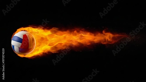 Volleyball with red white and blue panels burning with orange flames in motion against a dark background