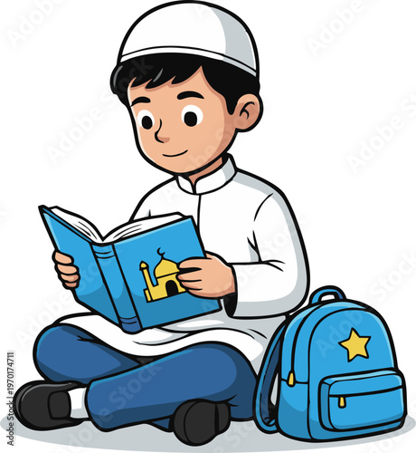 Muslim Boy Happily Reading an Islamic Book While Sitting with His Backpack Promoting Religious Education and Cultural Learning for Children