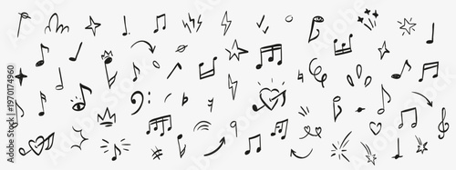 Hand-drawn musical doodle notes. Dynamic, creative sketch set for music, stickers and merch. 