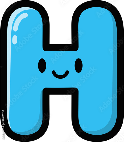 Cute Blue Letter H Cartoon Character with Happy Face