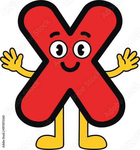 Happy Red Letter X Character with Arms and Legs, Cartoon Style