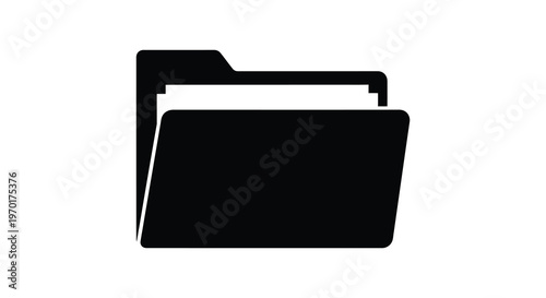 A stark black silhouette of an open folder containing papers representing data and organization silhouette high quality professional