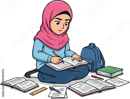 Focused Muslim Girl Student Studying Hard at Home with Books and Stationery for Academic Success