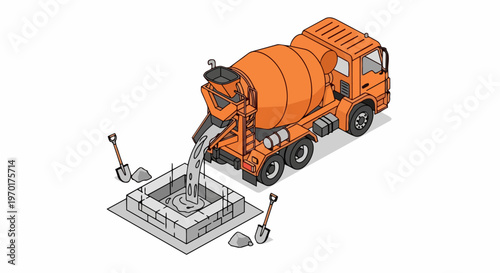 Isometric Orange Concrete Mixer Truck Pouring Cement into Foundation for Building Construction