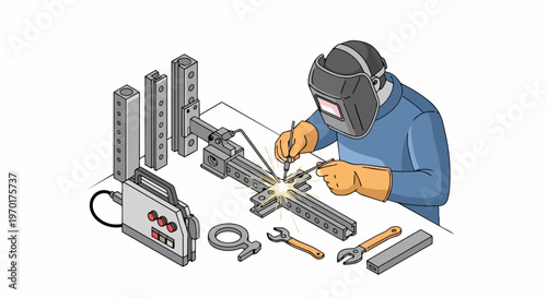 Isometric Illustration of a Welder Working in an Industrial Workshop with Metal Fabrication Tools and Equipment