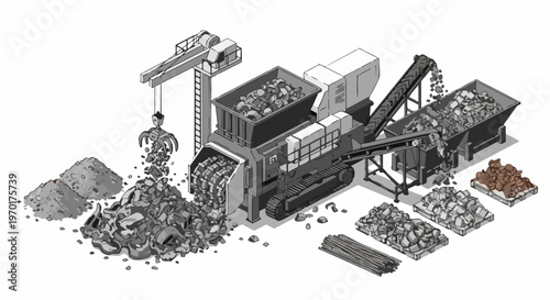 Isometric Industrial Metal Recycling Plant and Shredder Machine for Scrap Processing