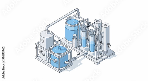 Isometric Illustration of Industrial Water Purification and Filtration System with Storage Tanks, Pipes, and Filter Units on White Background