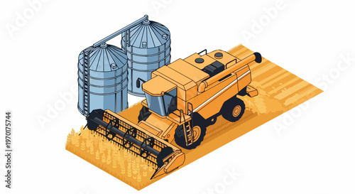 Isometric Combine Harvester Harvesting Golden Wheat Field with Grain Silos; Agricultural Machinery Illustration on White Background
