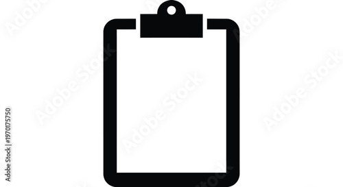 A simple black graphic depicts a rectangular clipboard with a metal clip presented as a silhouette high quality