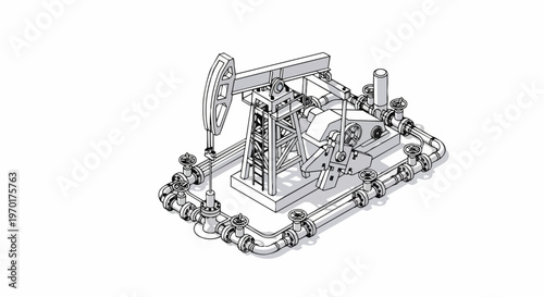 Isometric Line Art Illustration of an Oil Pump Jack with Pipeline System and Valves, Industrial Petroleum Extraction Concept on White Background