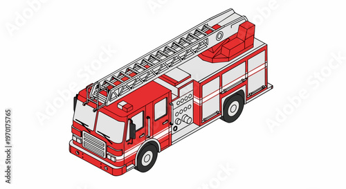Isometric 3D Red Fire Truck Illustration with Aerial Ladder on White Background for Emergency and Rescue Concepts