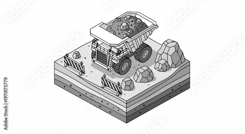 Isometric Heavy Mining Dump Truck Illustration, Construction Site Vector, Industrial Haul Truck at Quarry with Rocks and Barriers