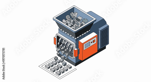 Isometric Industrial Shredder Machine Processing Waste and Scrap Metal into Recycled Material Blocks