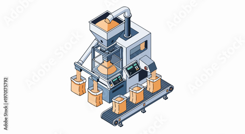 Isometric Illustration of an Automated Industrial Bagging and Packaging Machine for Grains and Seeds