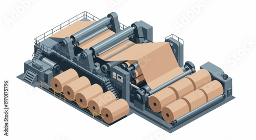Industrial Paper Mill Machine for Cardboard Production - Isometric 3D Illustration of Factory Manufacturing Process