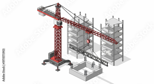 Isometric Tower Crane and Building Construction Site Vector Illustration