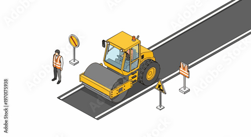 Isometric Road Construction Illustration with Yellow Steamroller, Worker, and Safety Signs on Asphalt Paving Site