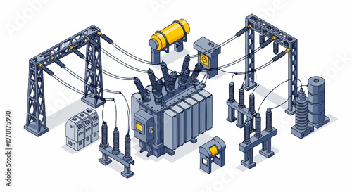 Isometric Industrial Electrical Substation with High Voltage Transformer and Power Grid Infrastructure Illustration