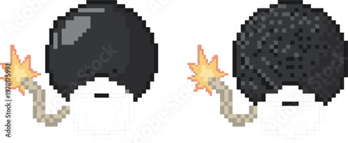 Cartoon bomb icons set, pixel style explosive with fuse vector illustration isolated game danger element